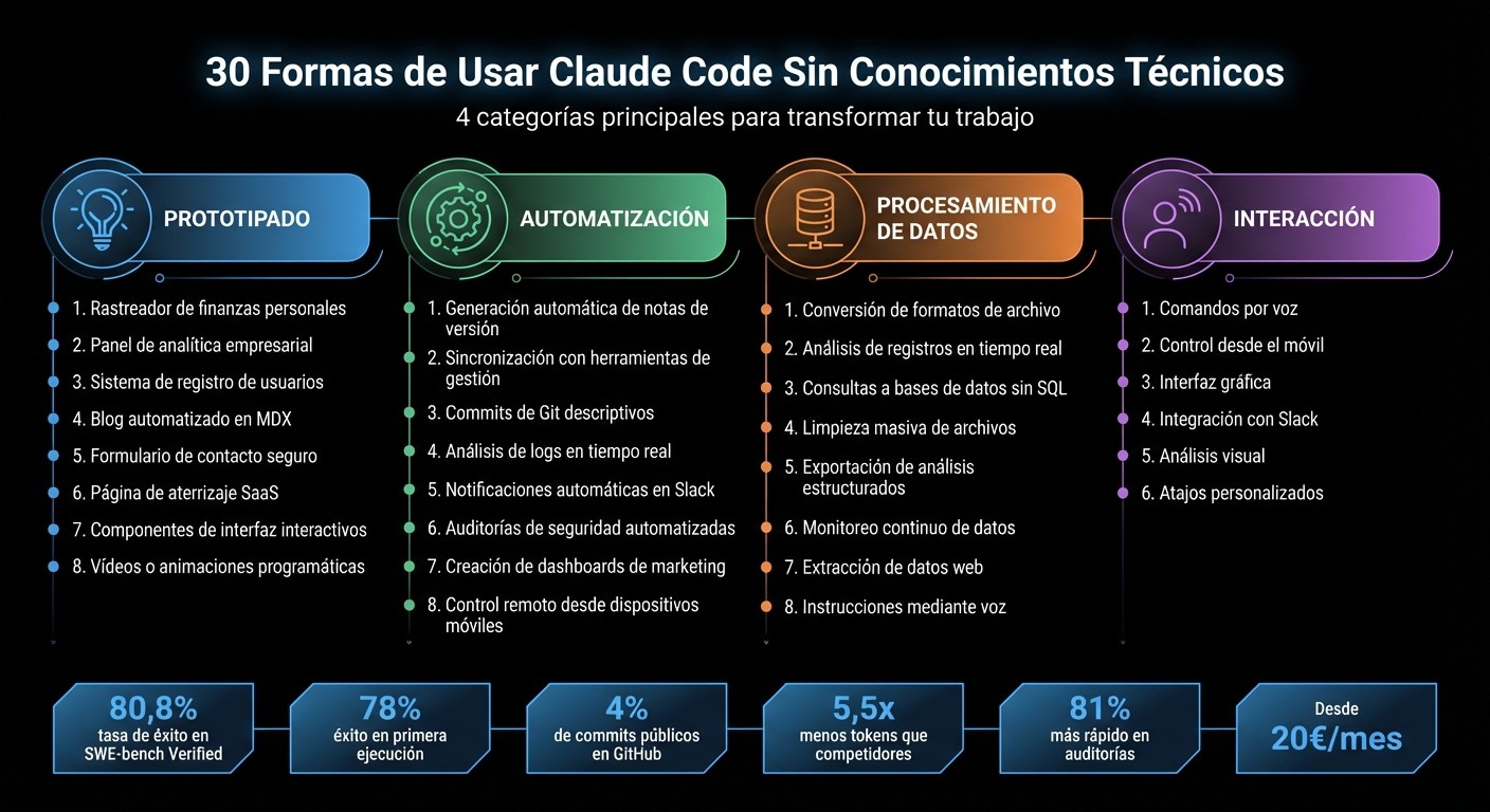 30 usos de Claude Code sin conocimientos técnicos: prototipado, automatización, datos e interacción