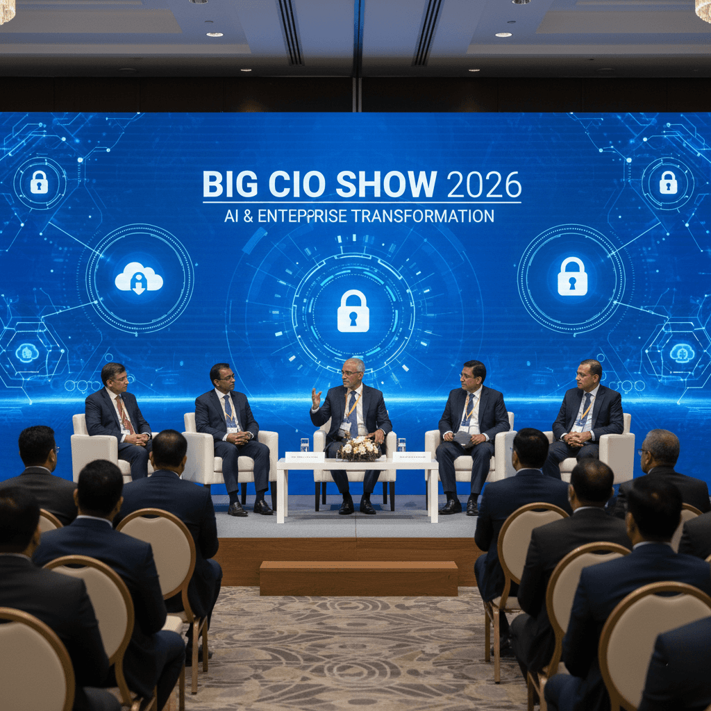 CIOs networking at BIG CIO SHOW 2026 at Sheraton Grand Whitefield in Bangalore, with Habsy business card scanner used for enterprise lead capture.
