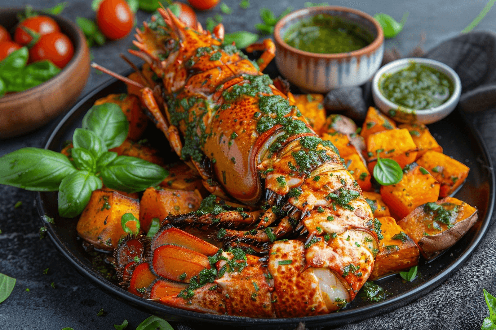 Grilled lobster topped with green pesto on a black plate, surrounded by roasted sweet potatoes, fresh basil, and small bowls of sauce, creating a gourmet feel.