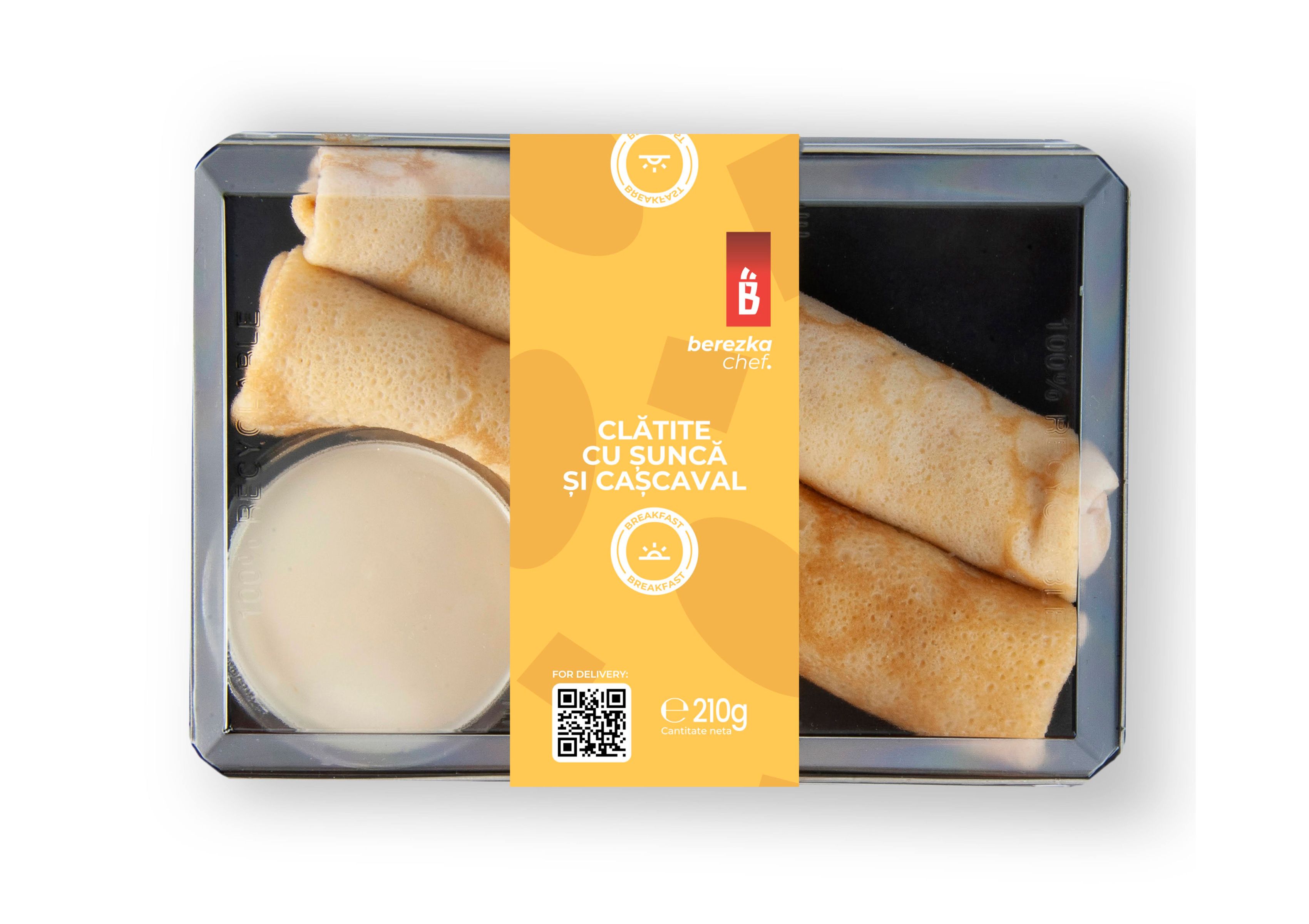 Berezka Chef breakfast packaging — ham and cheese crepes. Rectangular meal container with yellow category label.