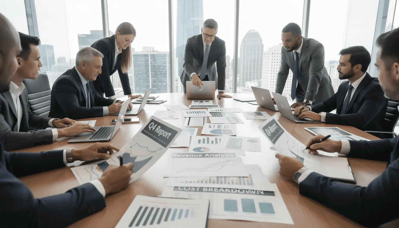 In a modern conference room, business professionals are gathered around a sleek table, attentively reviewing financial documents that likely include details on alternative investments such as private equity and hedge funds. Their focus suggests they are discussing strategies related to investment opportunities and portfolio management in the context of current market conditions.