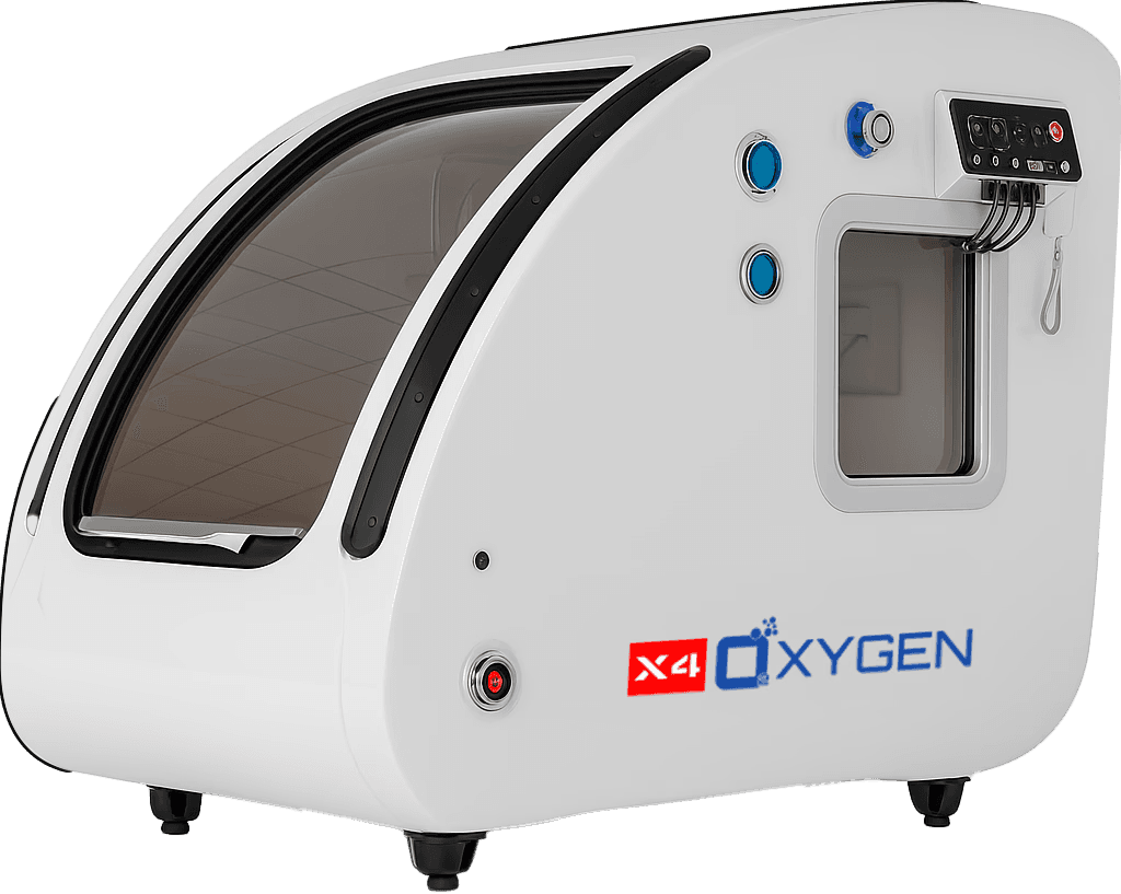 H130-20 X4Oxygen Hyperbaric oxygen chamber with white sleek design and control panel.