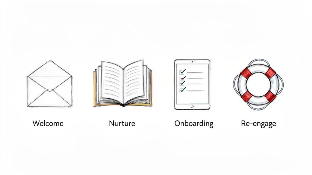 Illustration showing key stages of a customer engagement strategy: welcome, nurture, onboarding, re-engage.