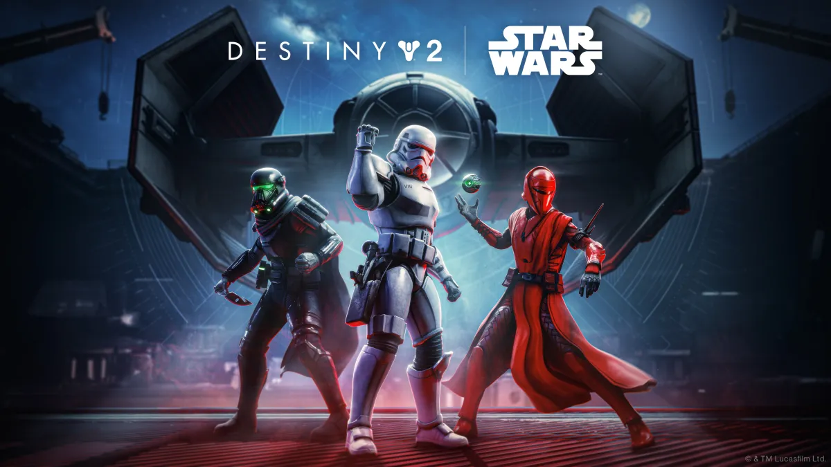 A Death Strooper, Stormtrooper, and Imperial Guard skin in front of a TIE Bomber for Destiny 2