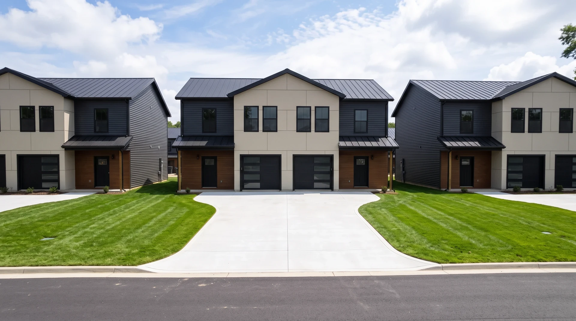 Two-story townhomes in alternating cream and charcoal cladding with black metal roofs, garages and a shared concrete apron