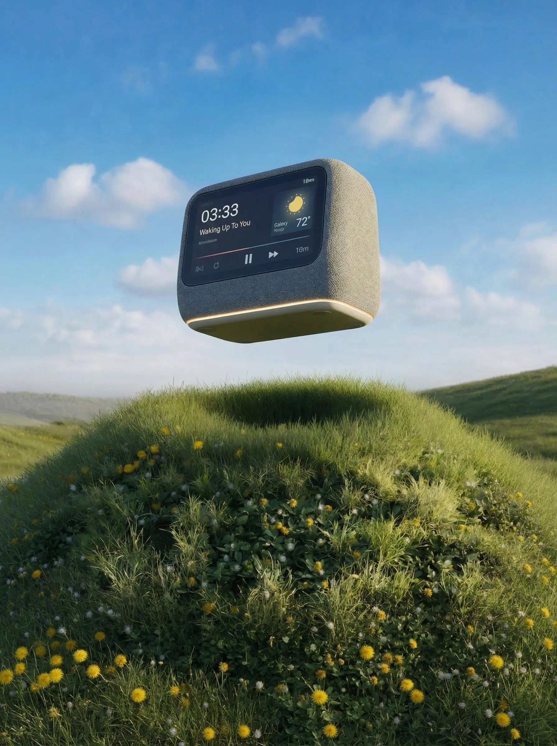 Smart clock floating over a grassy hill