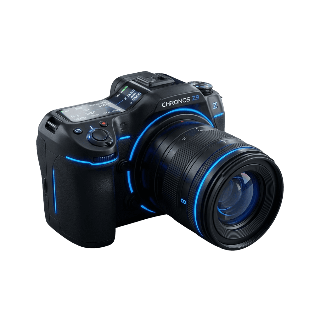 A sleek, modern black and silver camera with a large APO-Summicron lens, highlighted with a small red circle button, rests against a dark background.