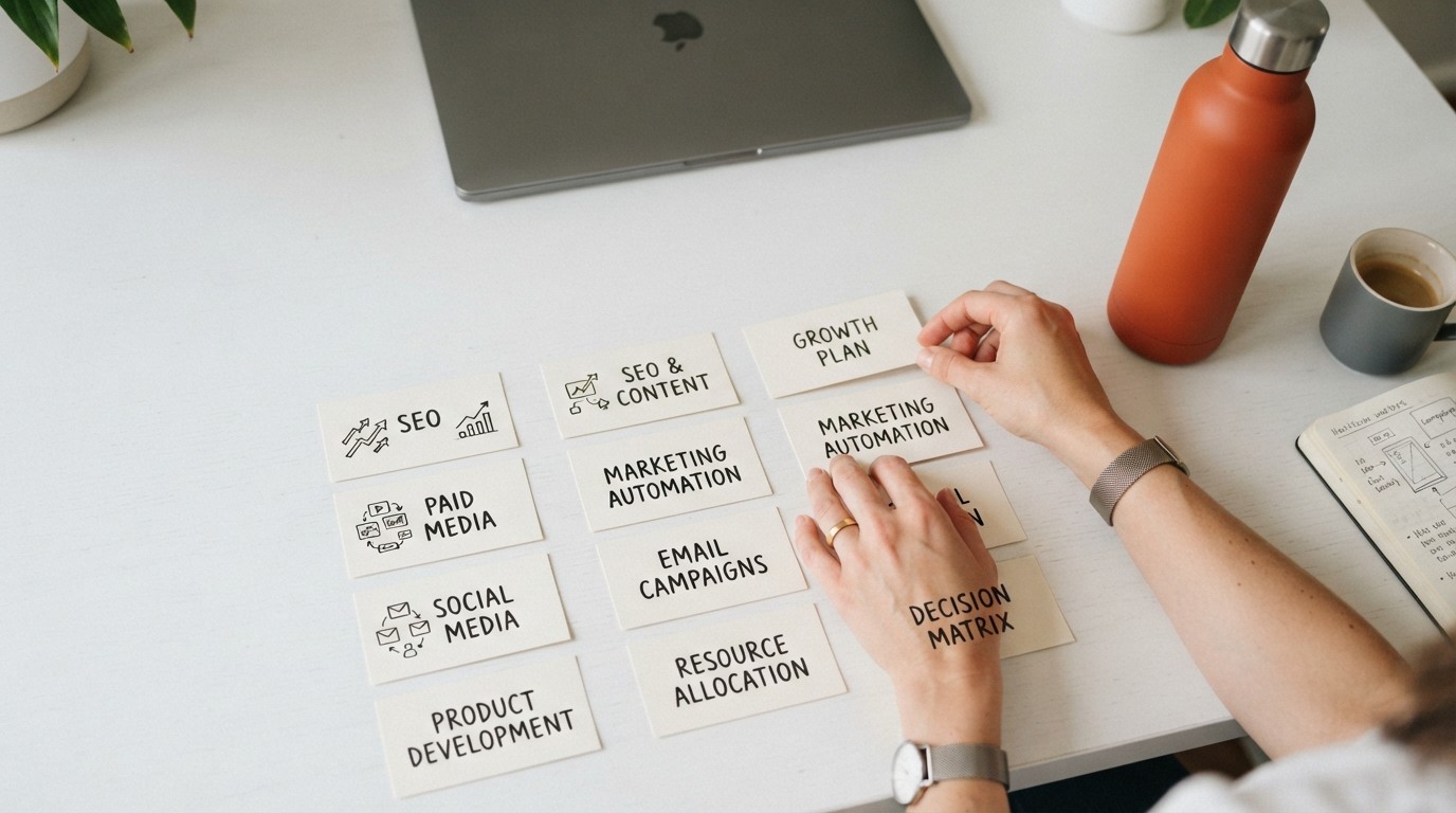 Marketing professional organizing growth initiatives on a desk