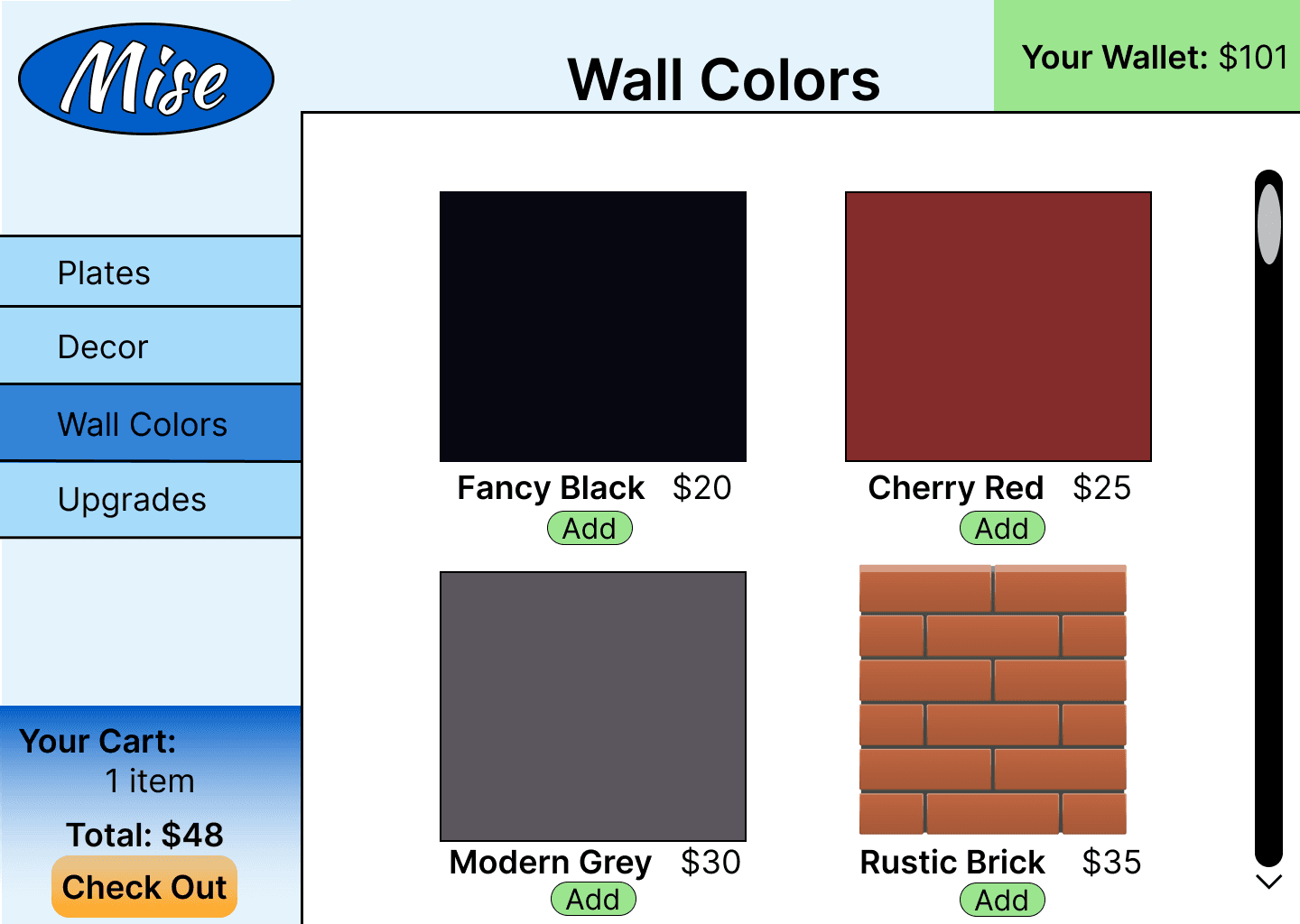 A mockup of an in-game menu where the user can upgrade parts of their restaurant.