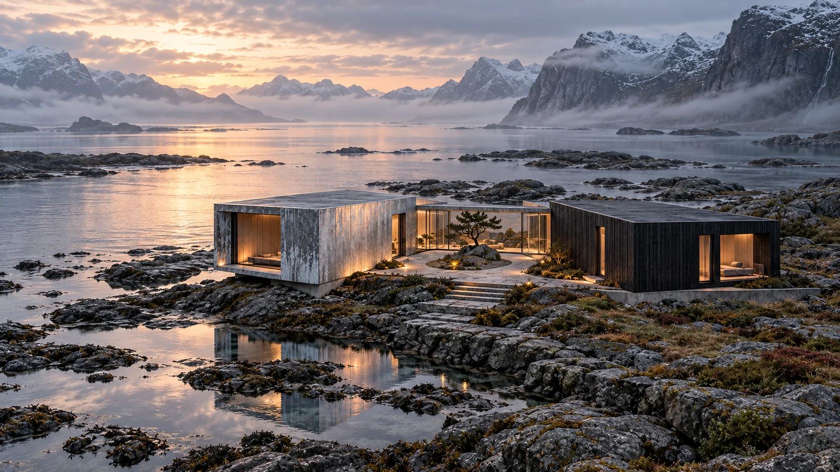 Fictional Salt Court: aerial concept view of aluminium and dark timber pavilions around a coastal water court at dawn.