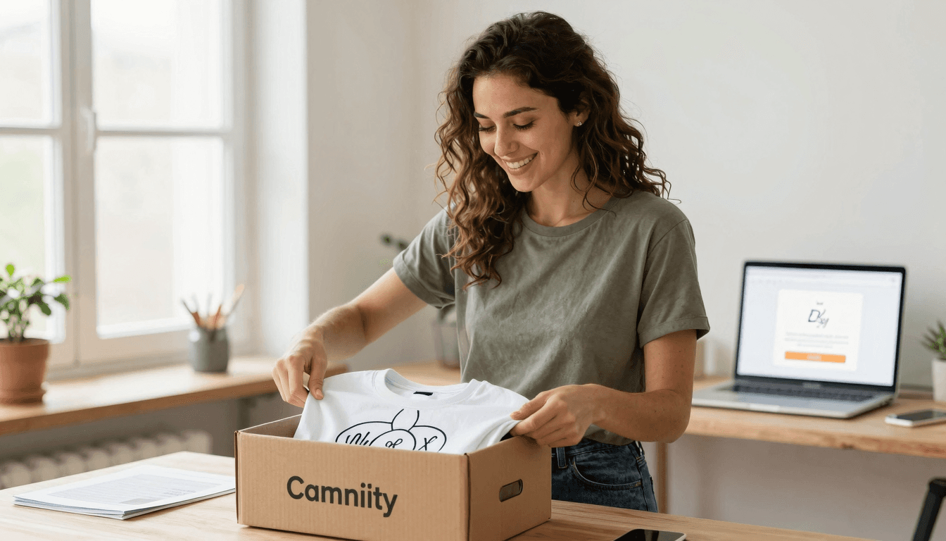 Etsy seller happily packaging a custom t-shirt for a customer