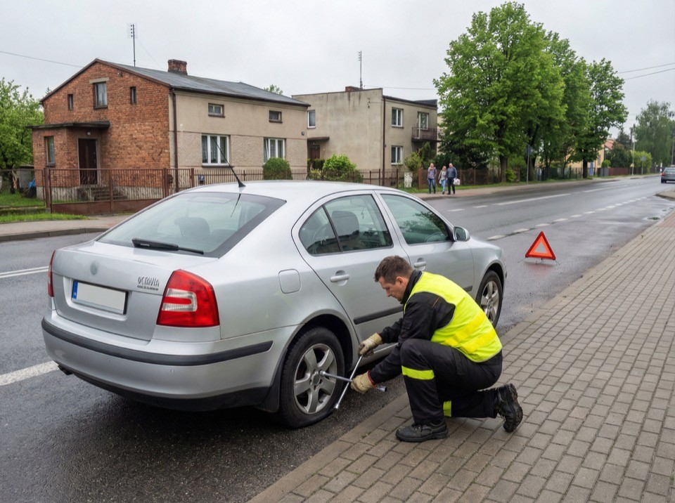 wymiana opony na poboczu drogi krajowej przez serwisanta