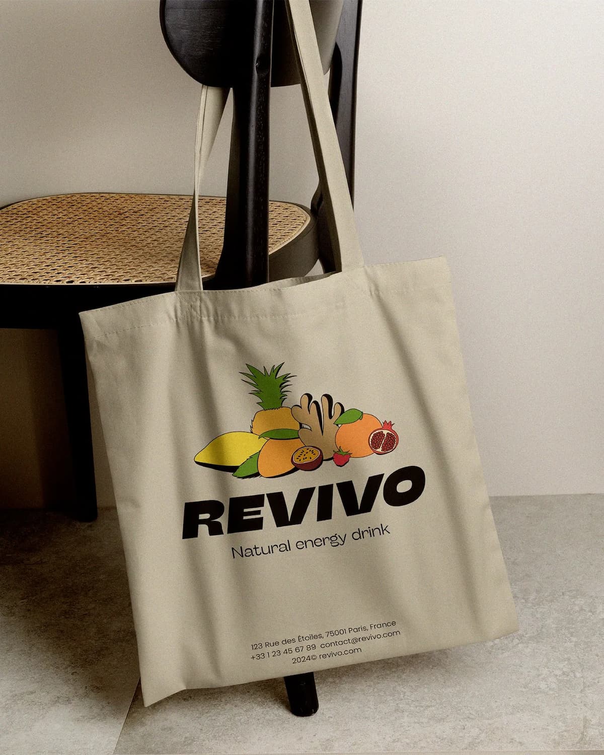 projet Revivo packaging branding canette boisson énergisante print tote bag