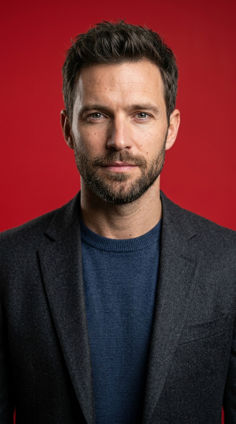 A man in a blue bomber jacket stands against a dark background. The lighting is dramatic, highlighting his focused expression. His pose is confident.