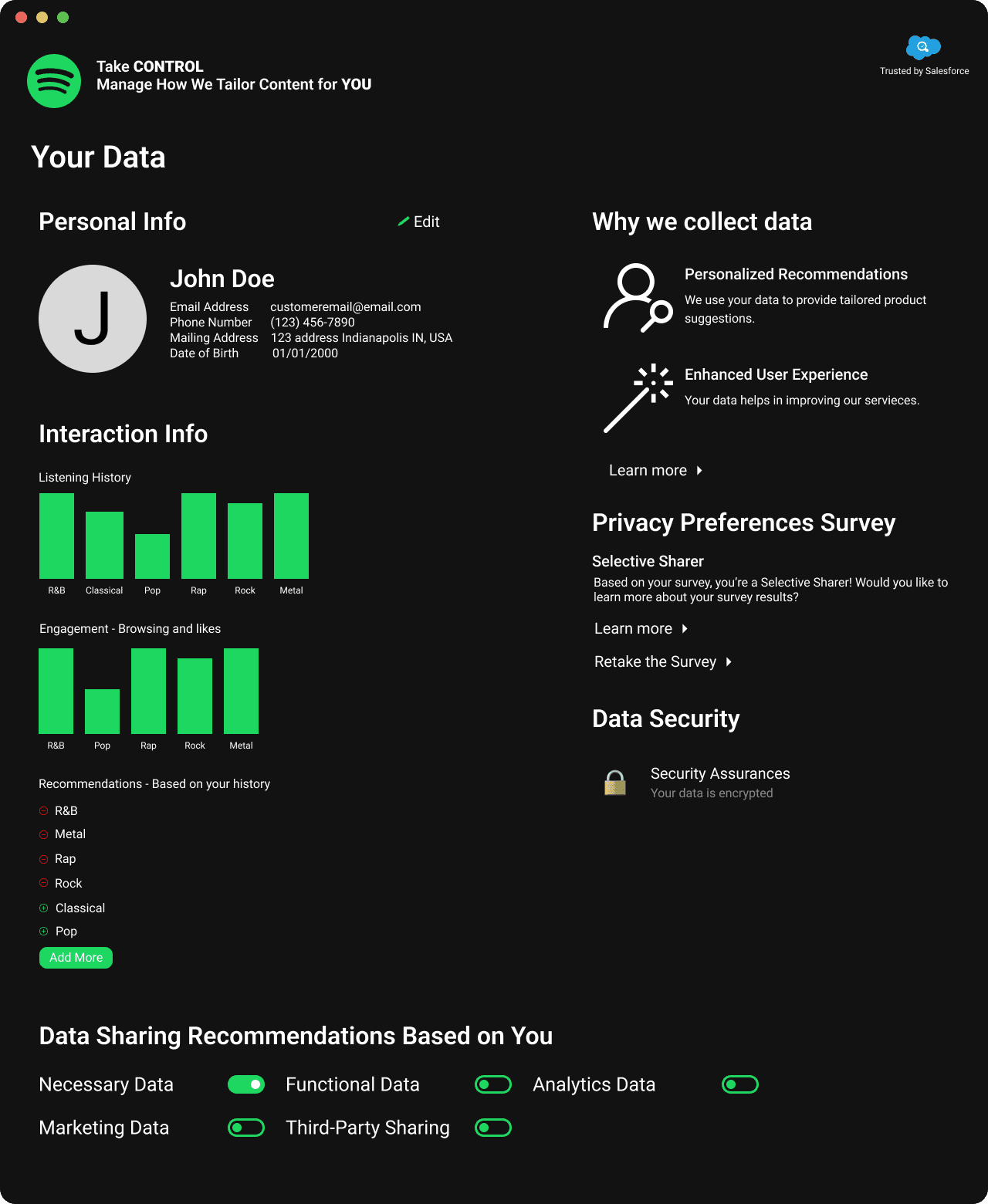 Preference Center for Spotify showing personal info, interaction info and data sharing toggles