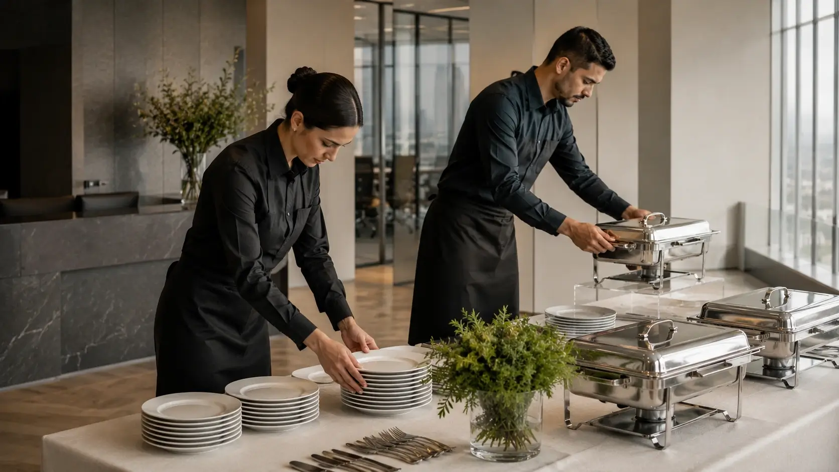 Equipe uniformizada de buffet de almoço executivo em São Paulo montando estação de serviço para reunião corporativa