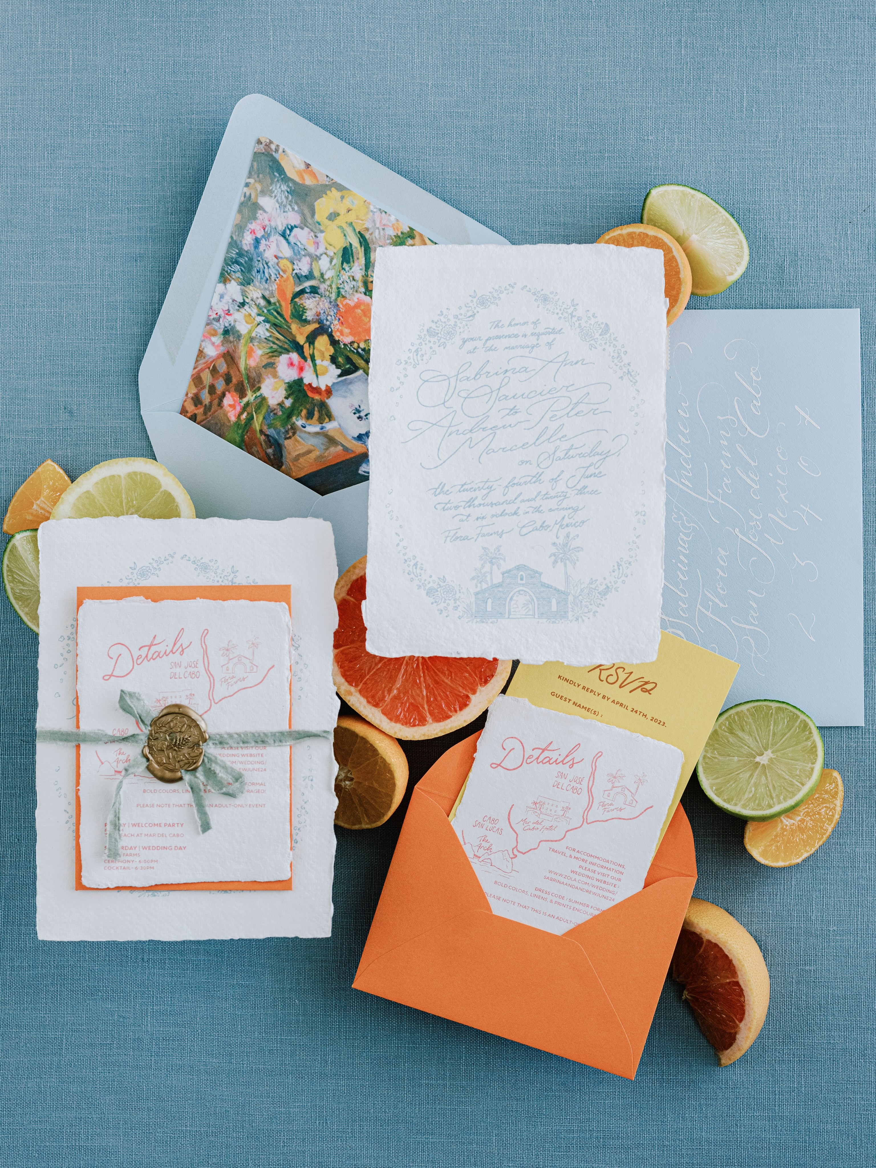 Colorful custom wedding invitations for a fun Cabo wedding.