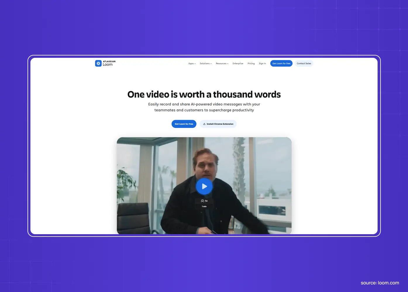 Loom website homepage featuring a video message with the headline “One video is worth a thousand words.”