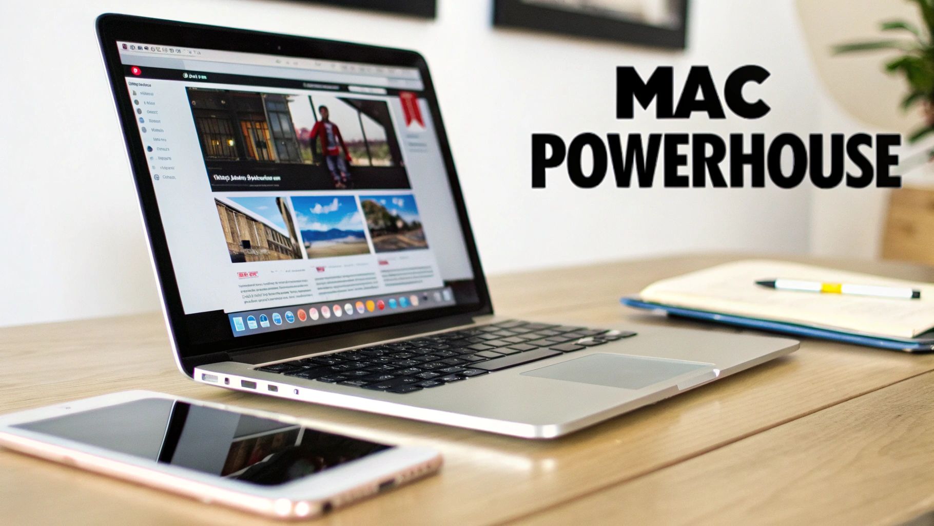 A MacBook laptop open on a wooden desk showing a website, with an iPhone and notebook nearby.
