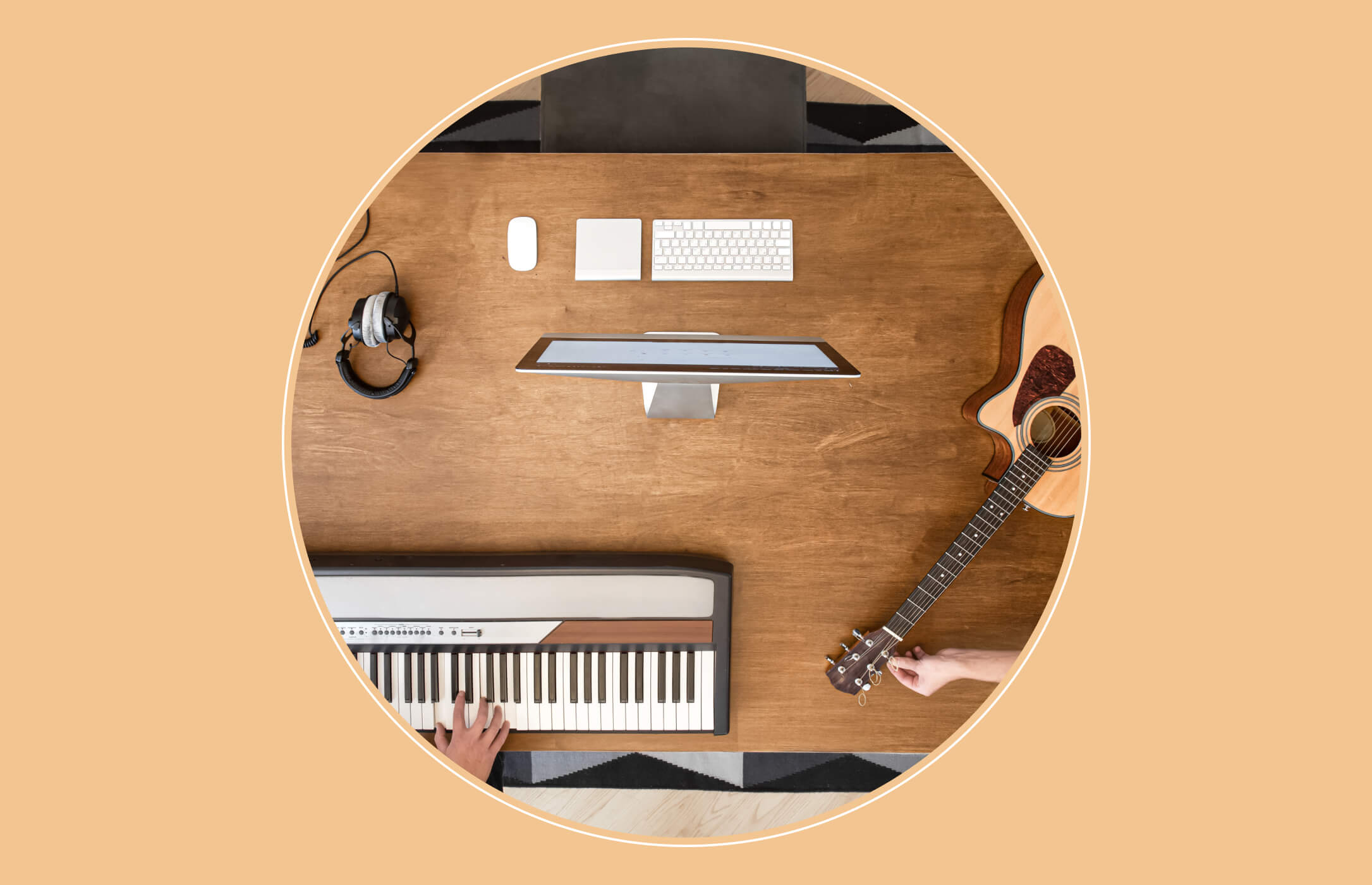 Musical instruments and laptop on a table