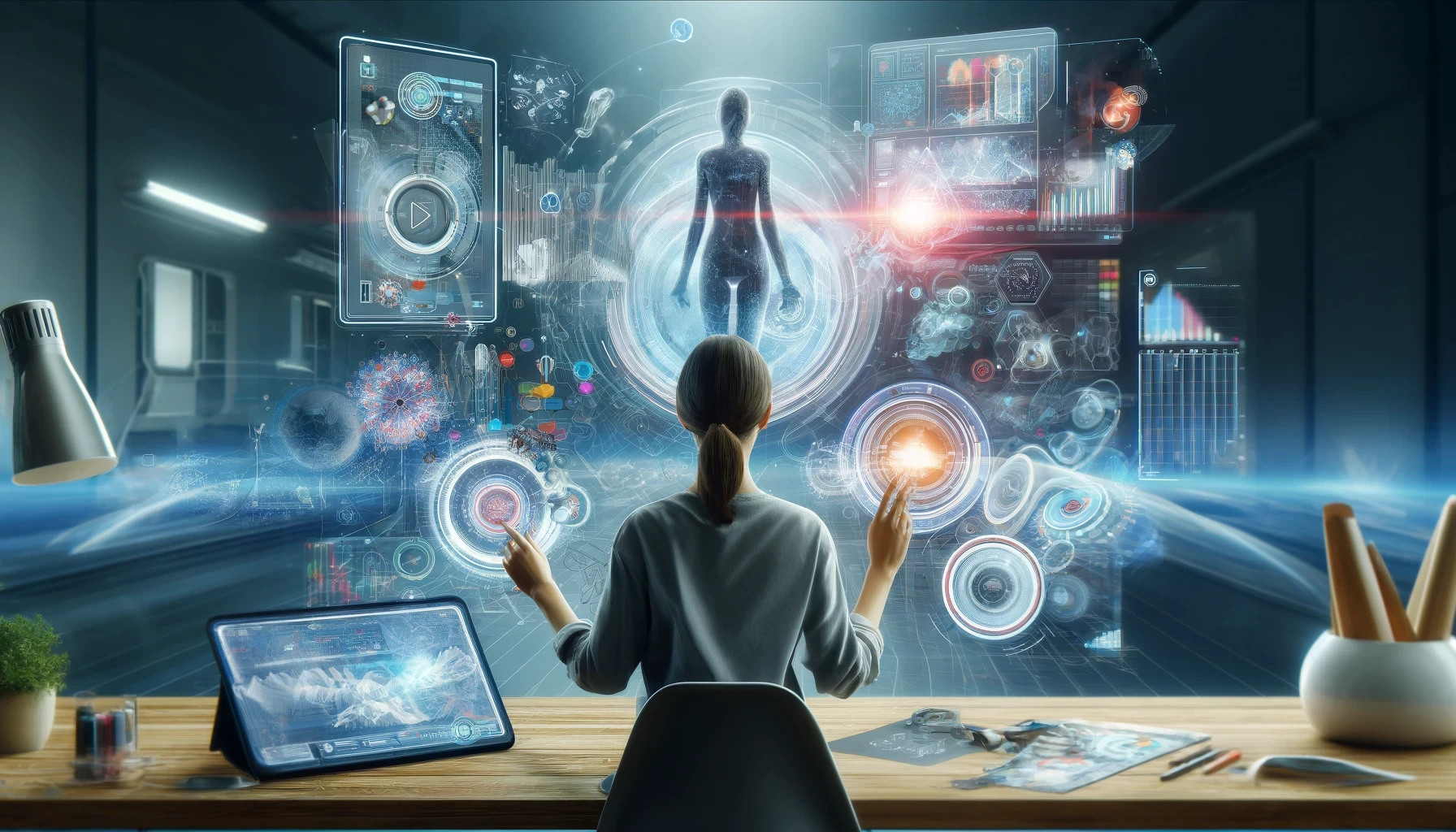 A woman interacts with futuristic holographic interfaces at a desk, displaying various technological and biomedical data using AI writing tools.