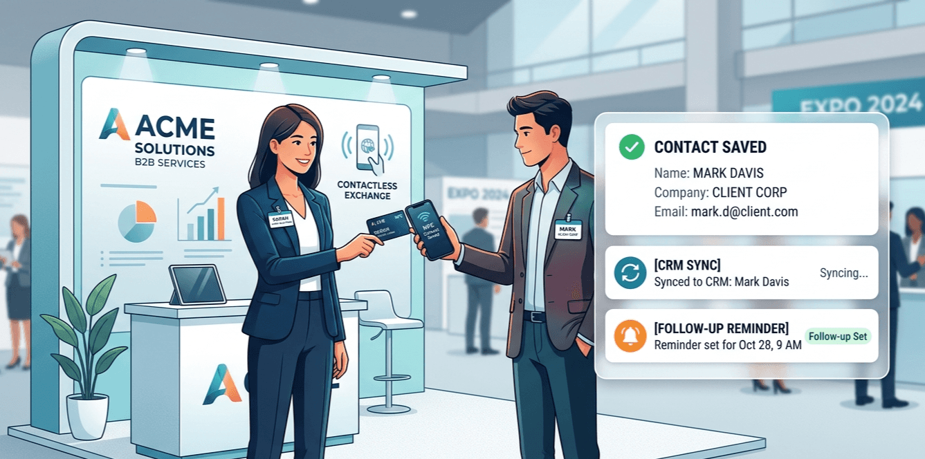 NFC business card for sales teams being tapped at a trade show booth with instant contact capture and CRM-ready workflow.