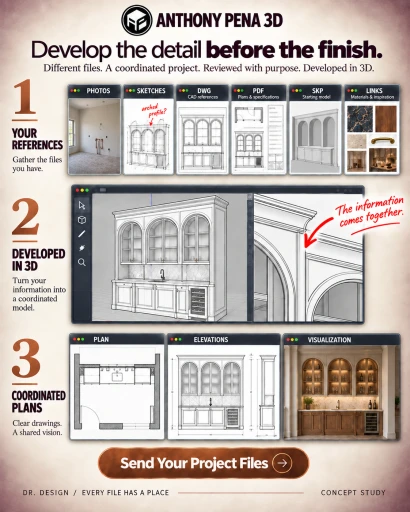 Arched-bar workflow graphic linking reference files to a 3D model, profile close-up, room floor plan, elevations and visualization.