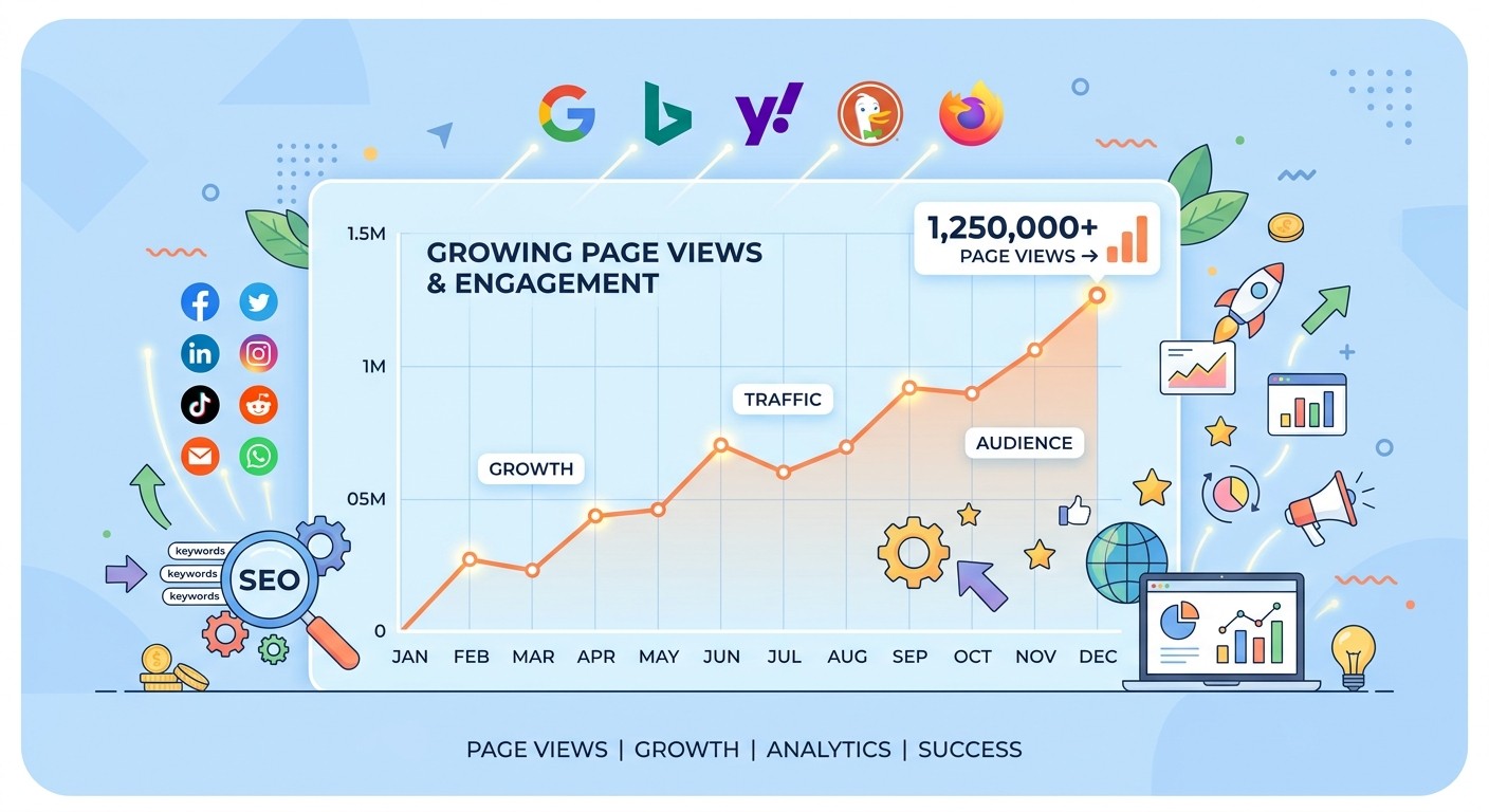 Illustration of a growing line chart with SEO, social, and email icons as traffic sources