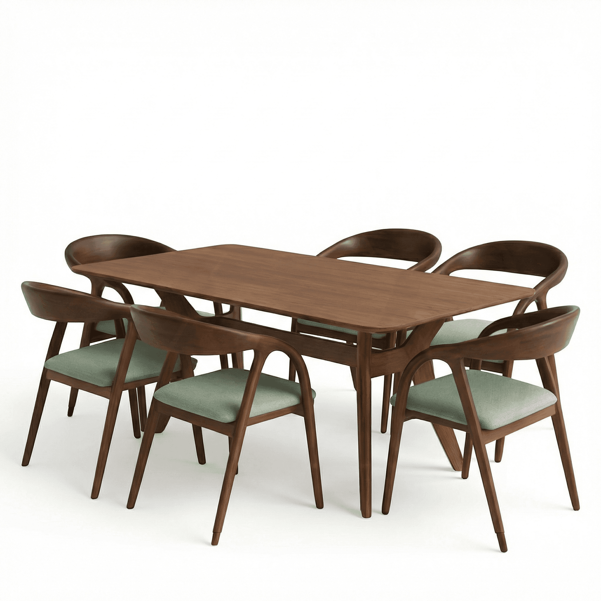 Transitional rectangular wooden dining table with rounded corners, paired with curved wooden chairs and upholstered seats