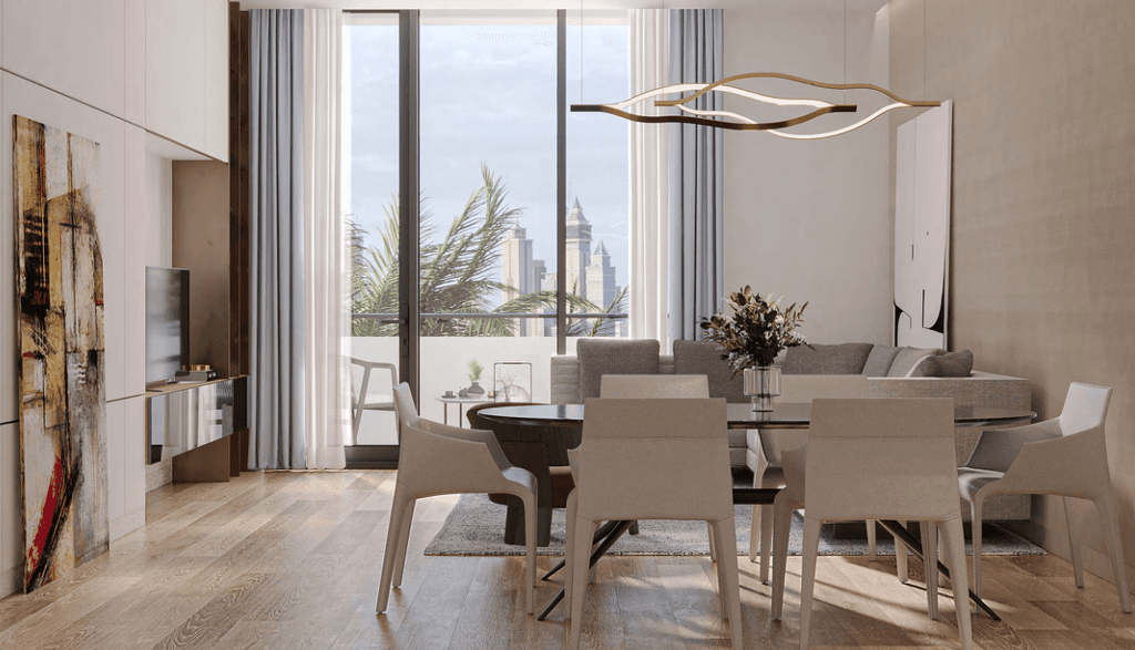 A modern dining room featuring a city view, showcasing contemporary decor and large windows at The Orchard Place (260).