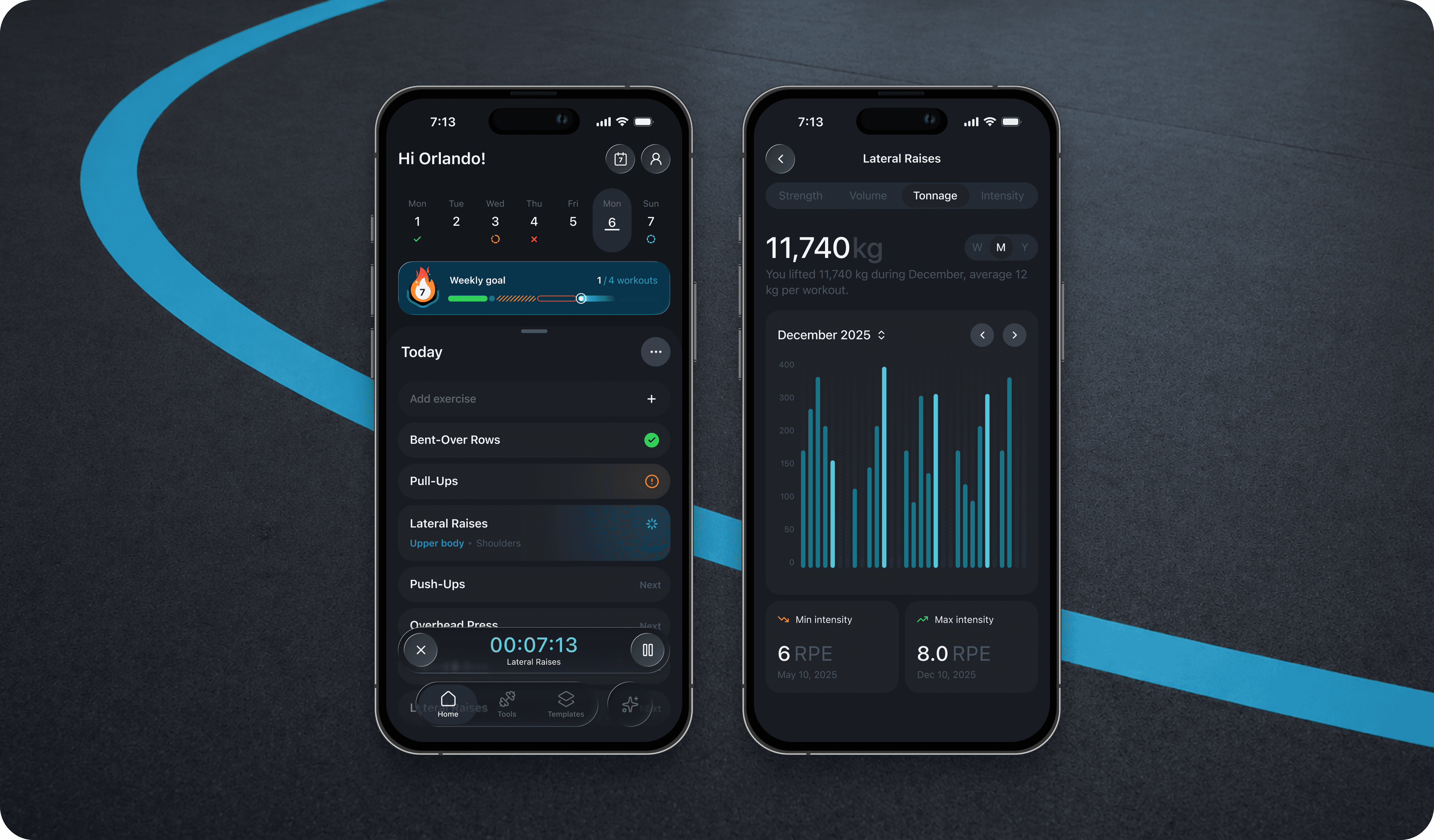 Two smartphones display a sleek app interface with data visualizations and analytics on a dark background.
