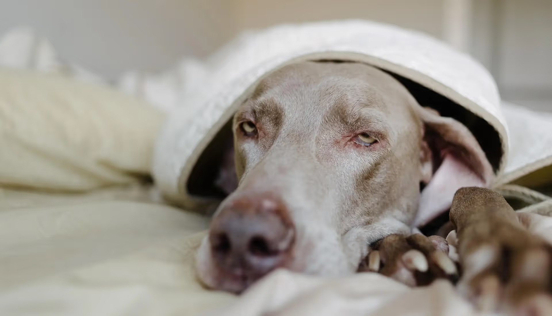 A gray dog nestled under a blanket, resting peacefully on a soft bed.