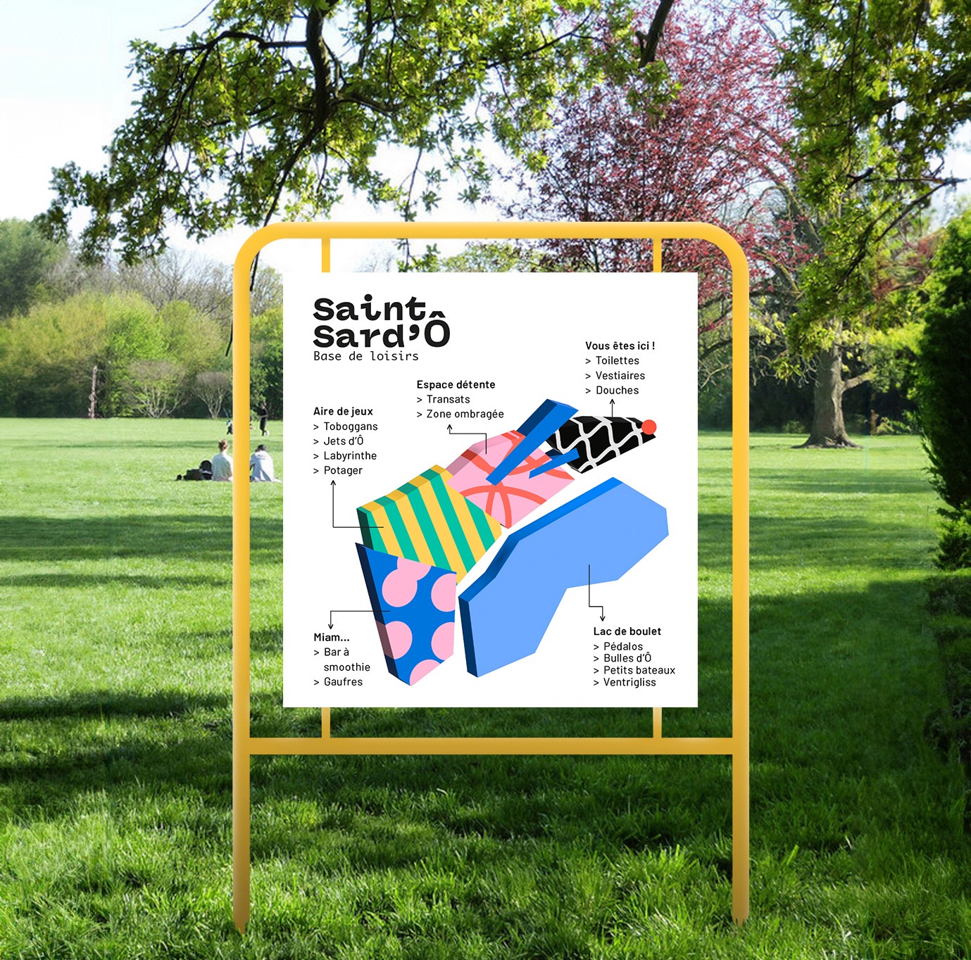 Panneau signalétique pour le parc, direction des aires de jeux et zones de pique-nique