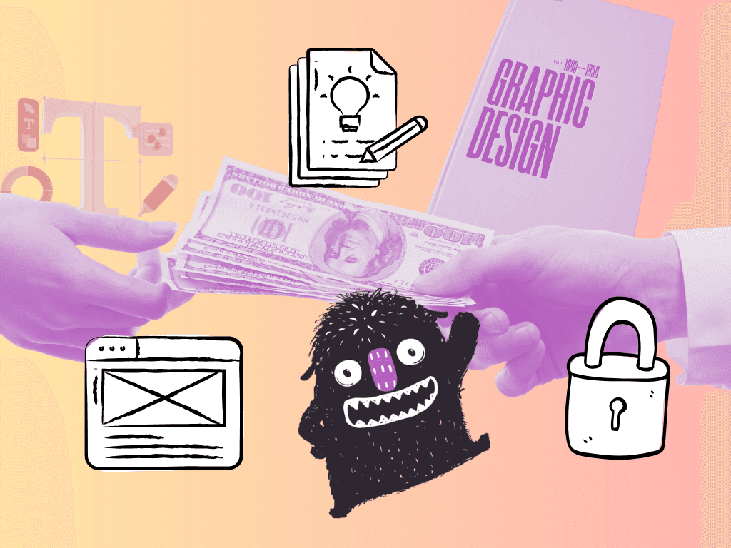 Illustration showing various elements related to making money with digital products as a graphic designer. Two hands exchange a stack of cash, surrounded by icons including a light bulb for ideas, a stack of papers, a book labeled 'Graphic Design,' a web page layout, a cartoon character monster named Iggy, and a padlock, symbolizing different aspects of digital product creation and monetization