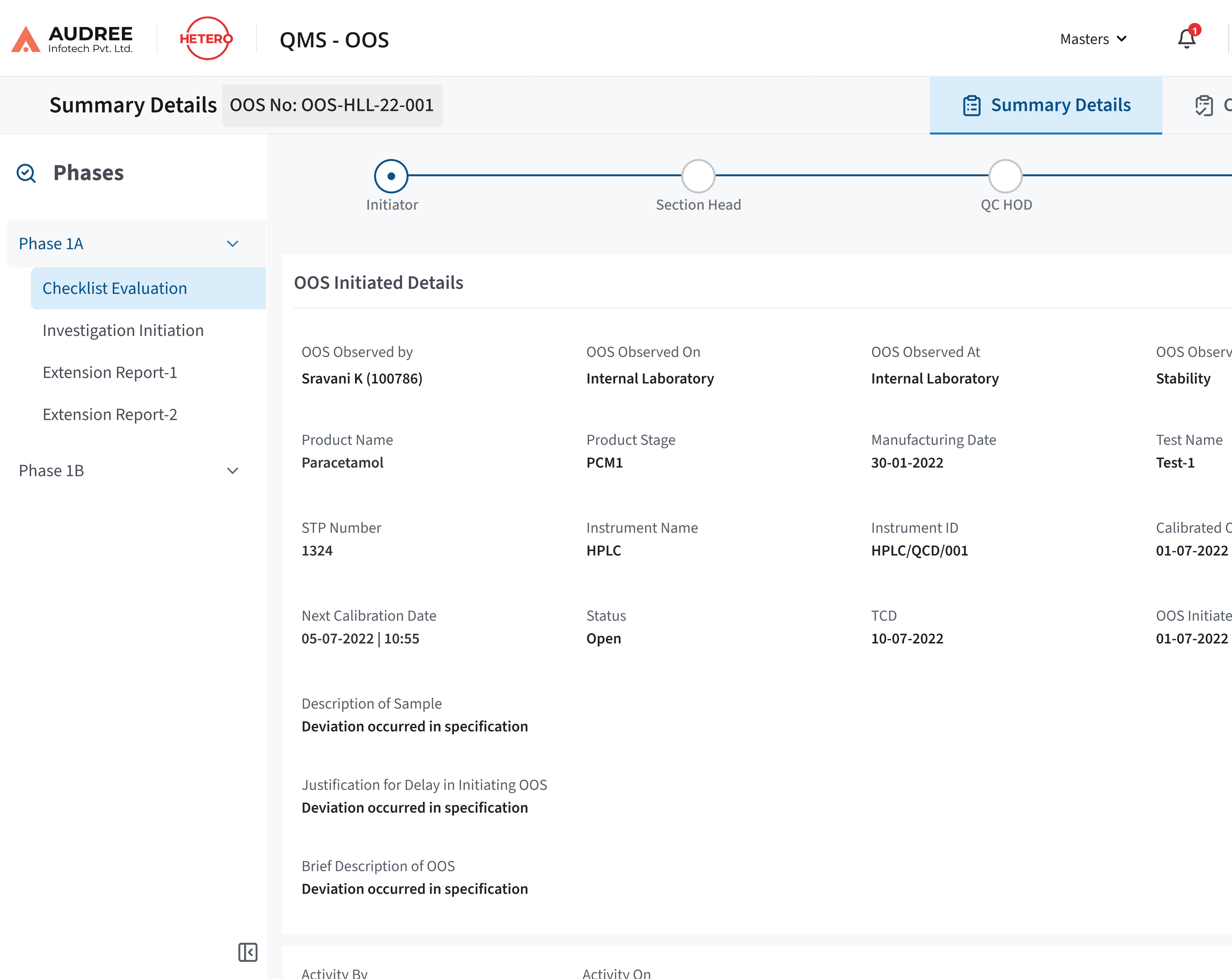 OOS investigation phase workflow dashboard