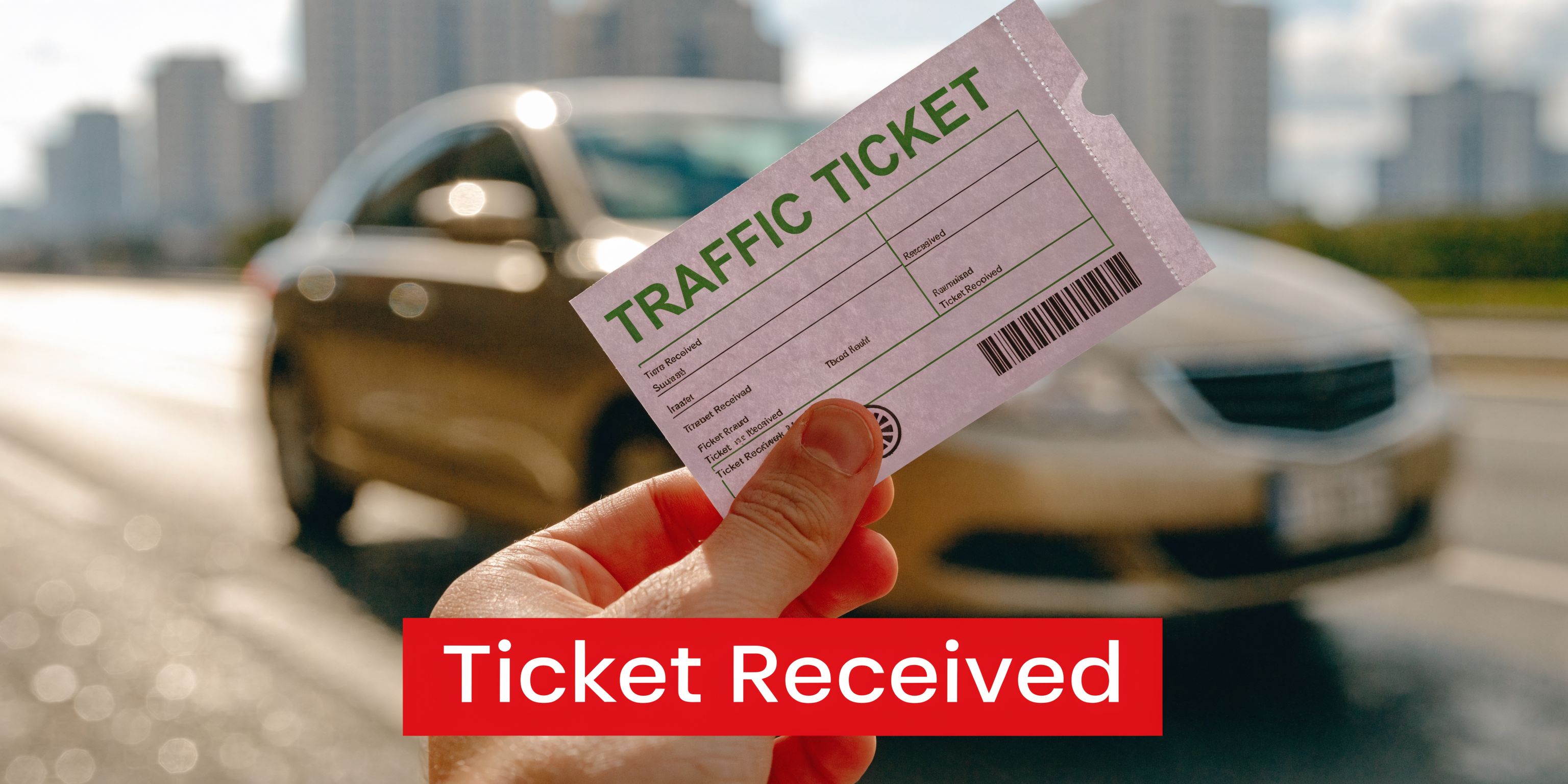 A hand holding a traffic ticket against a blurred background featuring a car on a road.