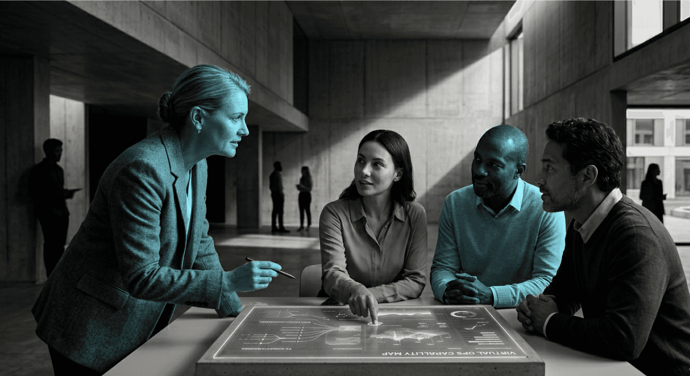 Four people pointing to dashboard