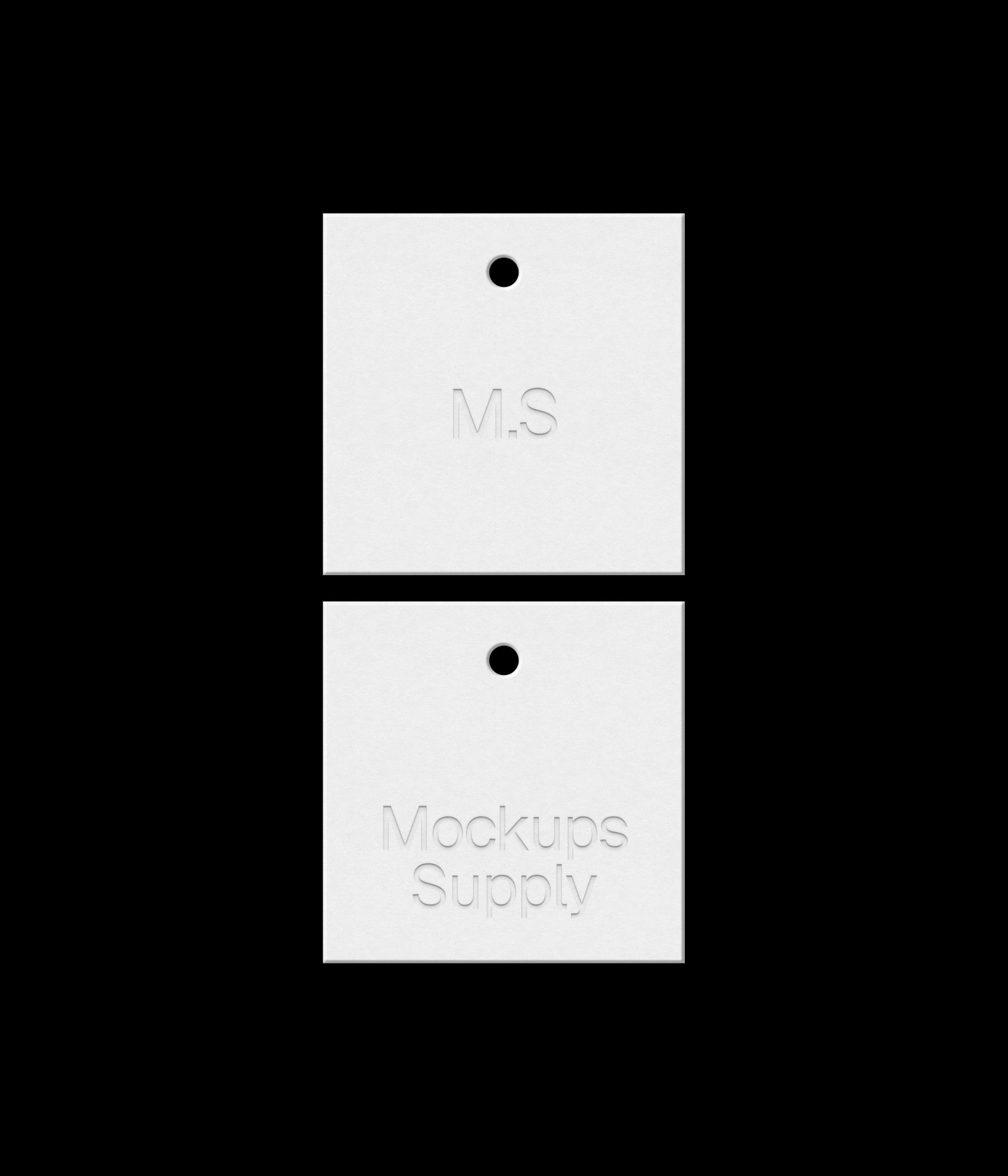 Two square white hang tags mockup on black background with debossed text effect for Photoshop download psd