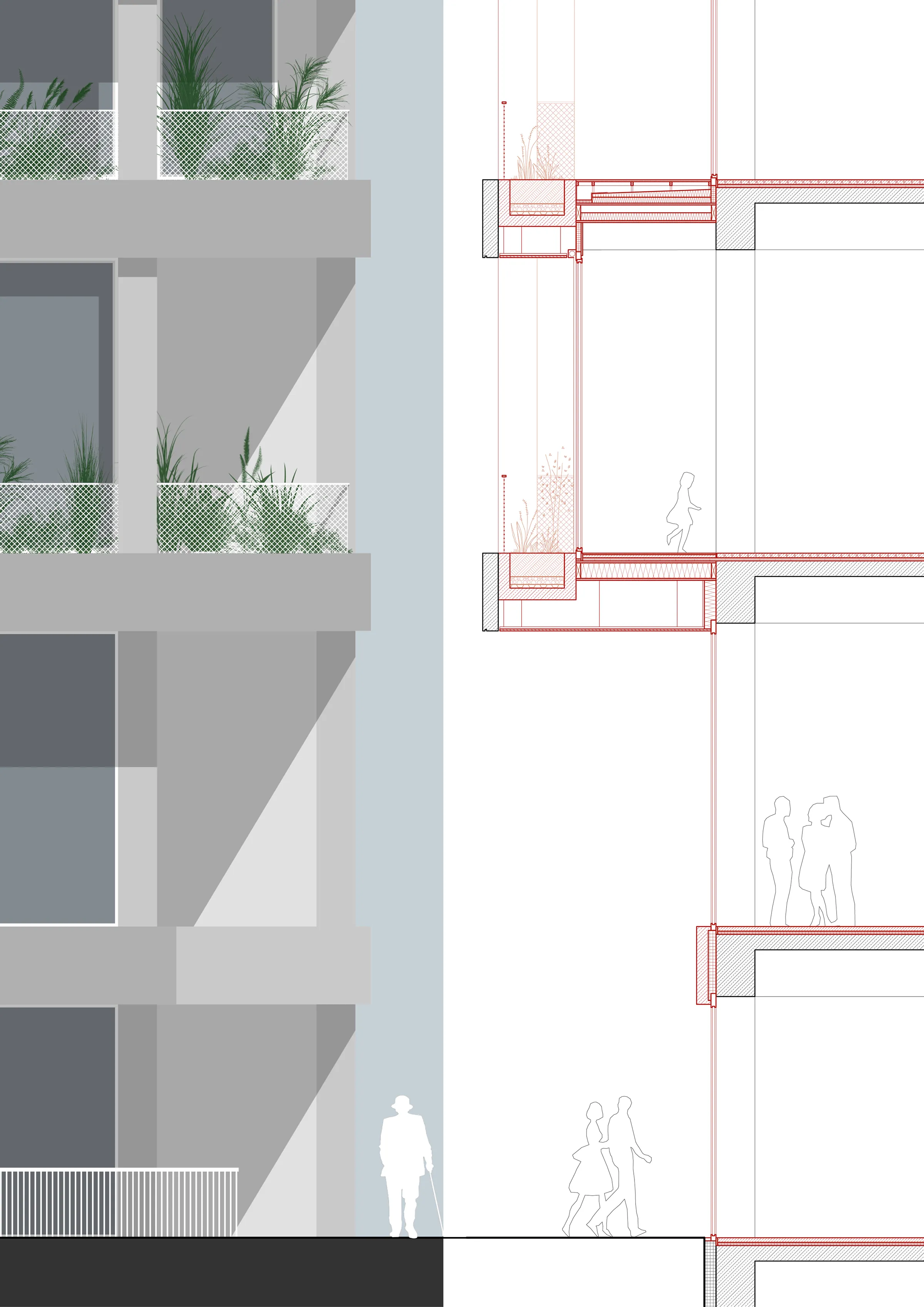 Detailansicht und Schnitt des Sockels im Umnutzungskonzept Kaufhaus Müllerstraße 25 in Berlin-Wedding