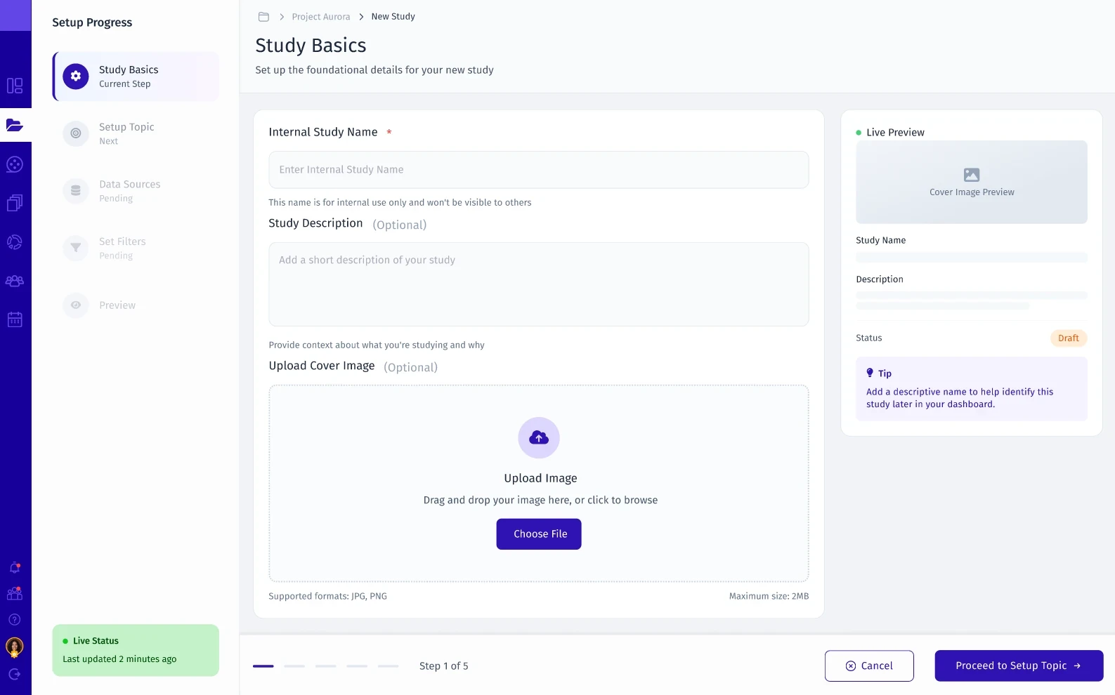 Step 1, Study Basics: a vertical setup progress rail, fields for study name, description and cover image, and a live preview card.