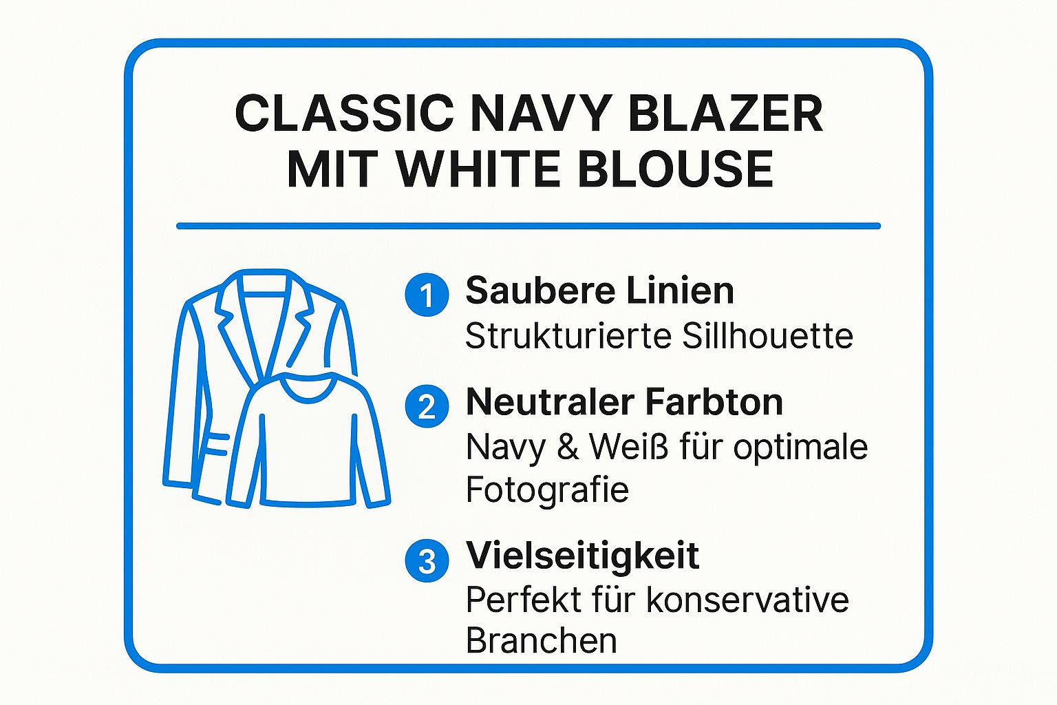 Infographic showing key data about 1. Der Klassiker: Marineblauer Blazer mit weißer Bluse