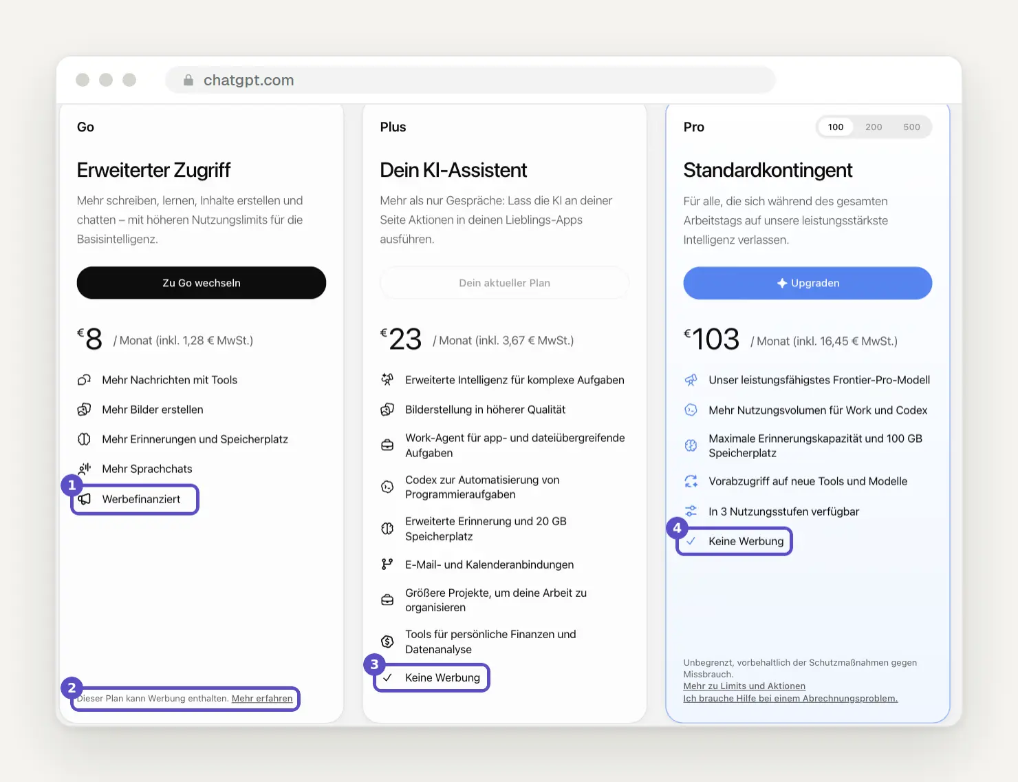 ChatGPT-Tarife in Deutschland: Go werbefinanziert, Plus und Pro ohne Werbung
