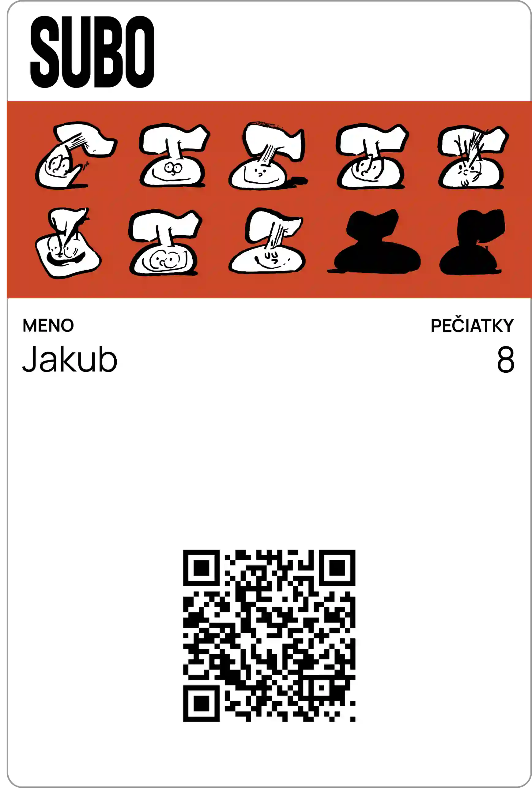 Pečiatková karta reštaurácie Subo s 10 pozíciami, 8 zozbieraných pečiatok. Červeno-biely dizajn s kreslenými postavičkami kuchárov. Meno Jakub, QR kód.
