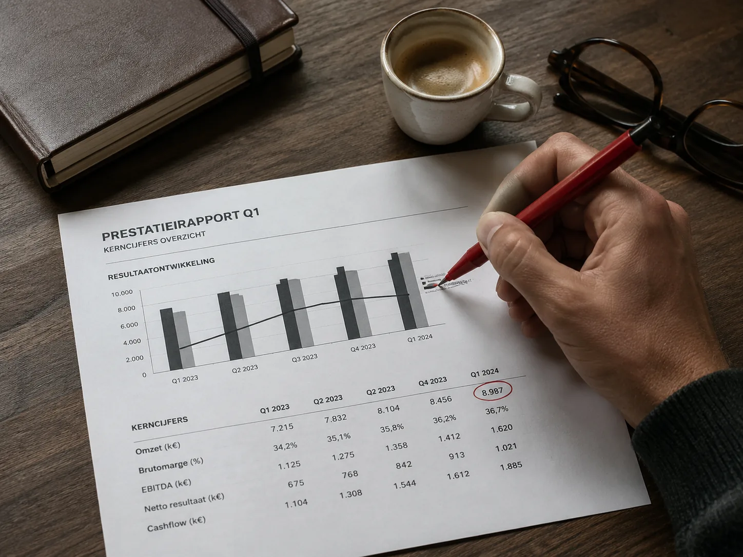 Prestatierapport Q1 met resultaatontwikkeling grafiek en financiële kerngegevens wordt geanalyseerd