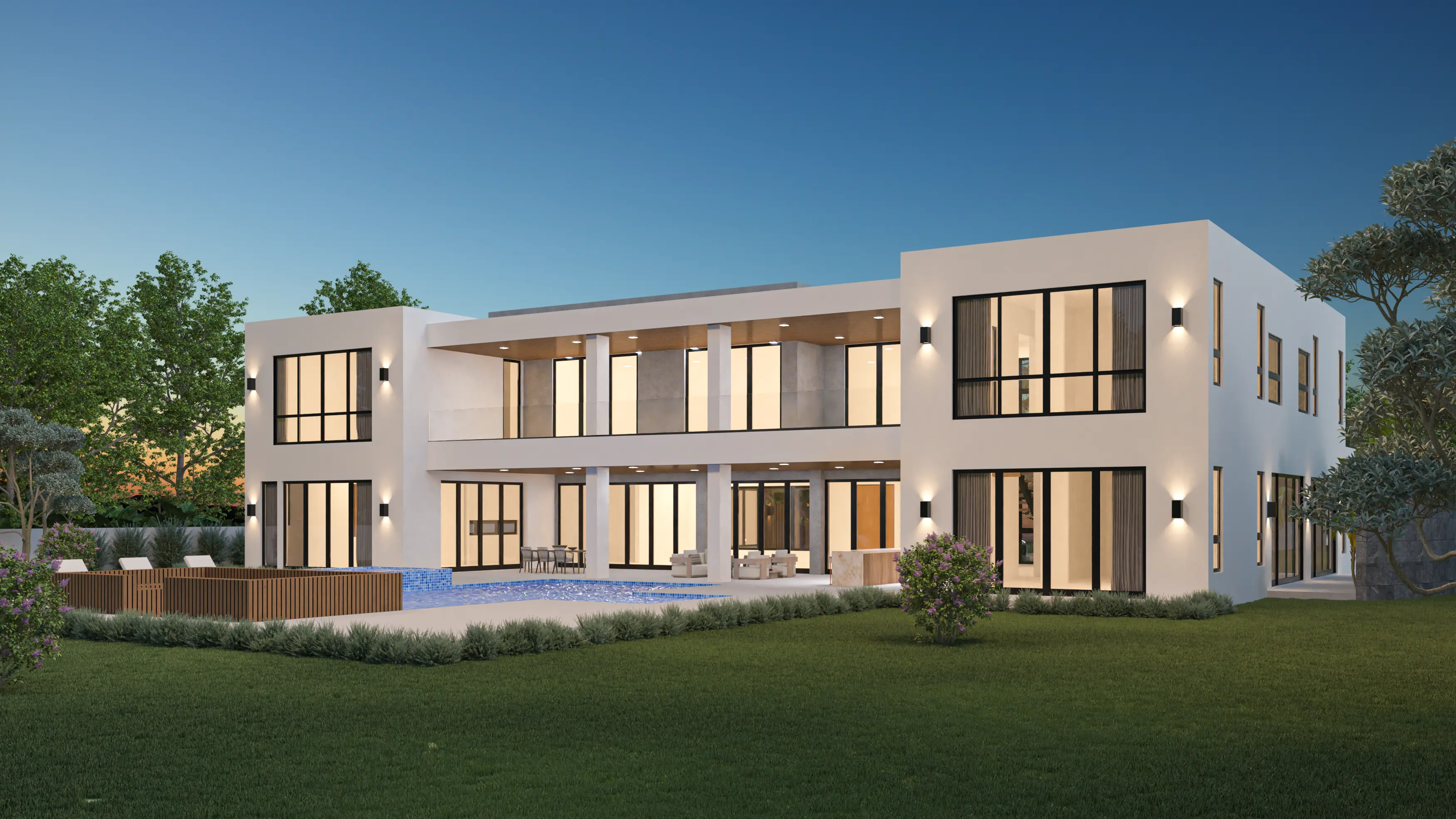 Rear elevation of a contemporary Kendall, Miami estate at dusk with a covered patio, blue tile pool, floor-to-ceiling glass, and a two-story white facade