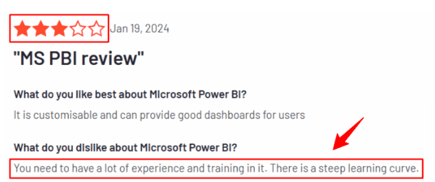 User review noting a steep learning curve for Microsoft Power BI