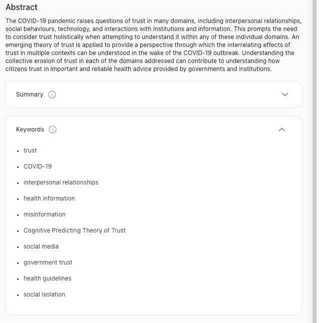Keywords panel from thesify’s PaperDigest showing extracted terms you can reuse to align your abstract with journal or conference expectations.