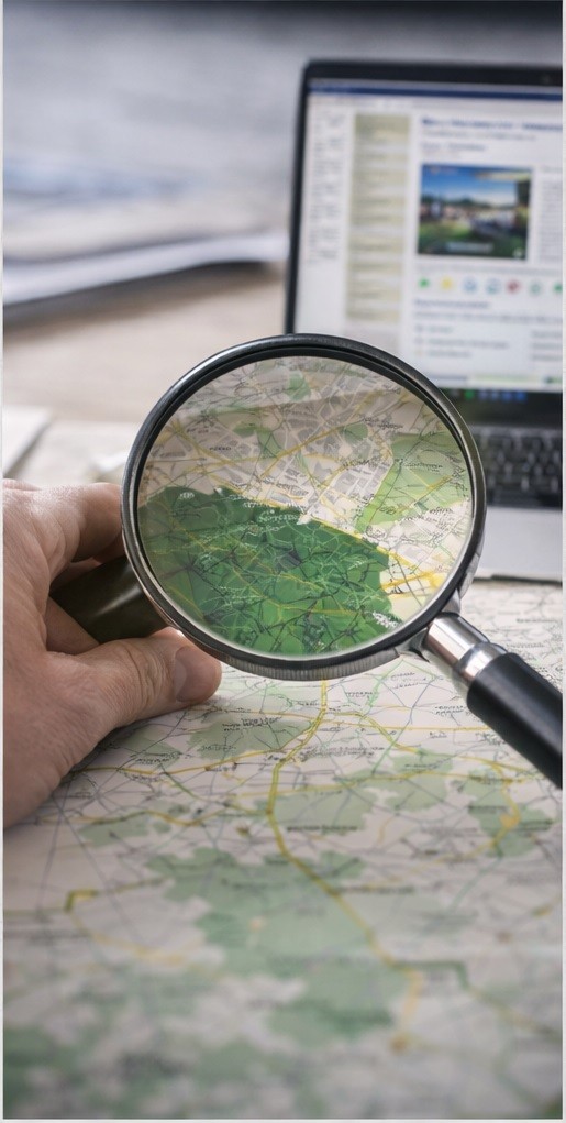 Standortanalyse für Kurzzeitvermietung mit Lupe auf Stadtkarte in NRW