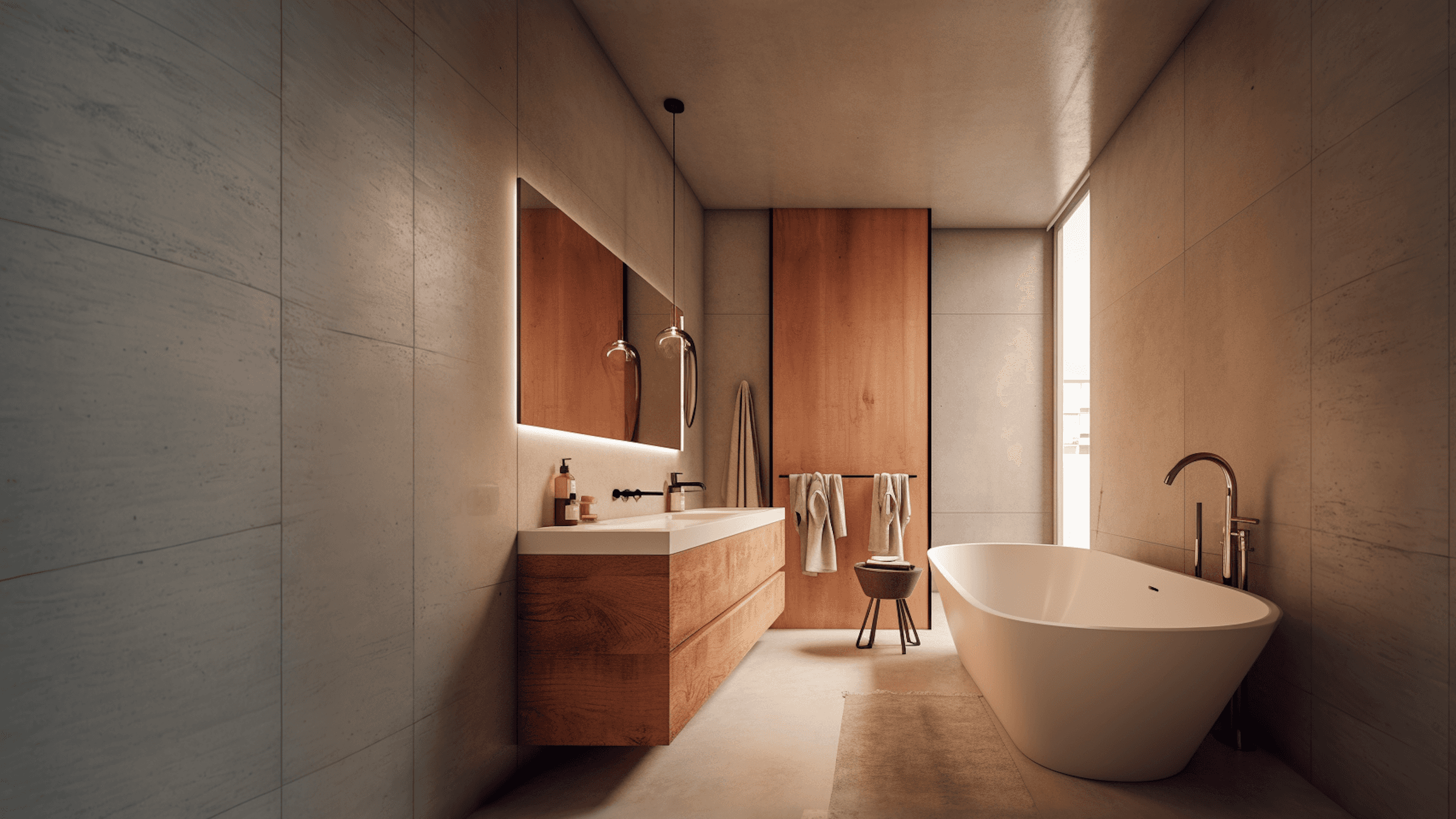 A modern bathroom featuring wooden cabinetry, a light-colored bathtub, and a large mirror with natural lighting.
