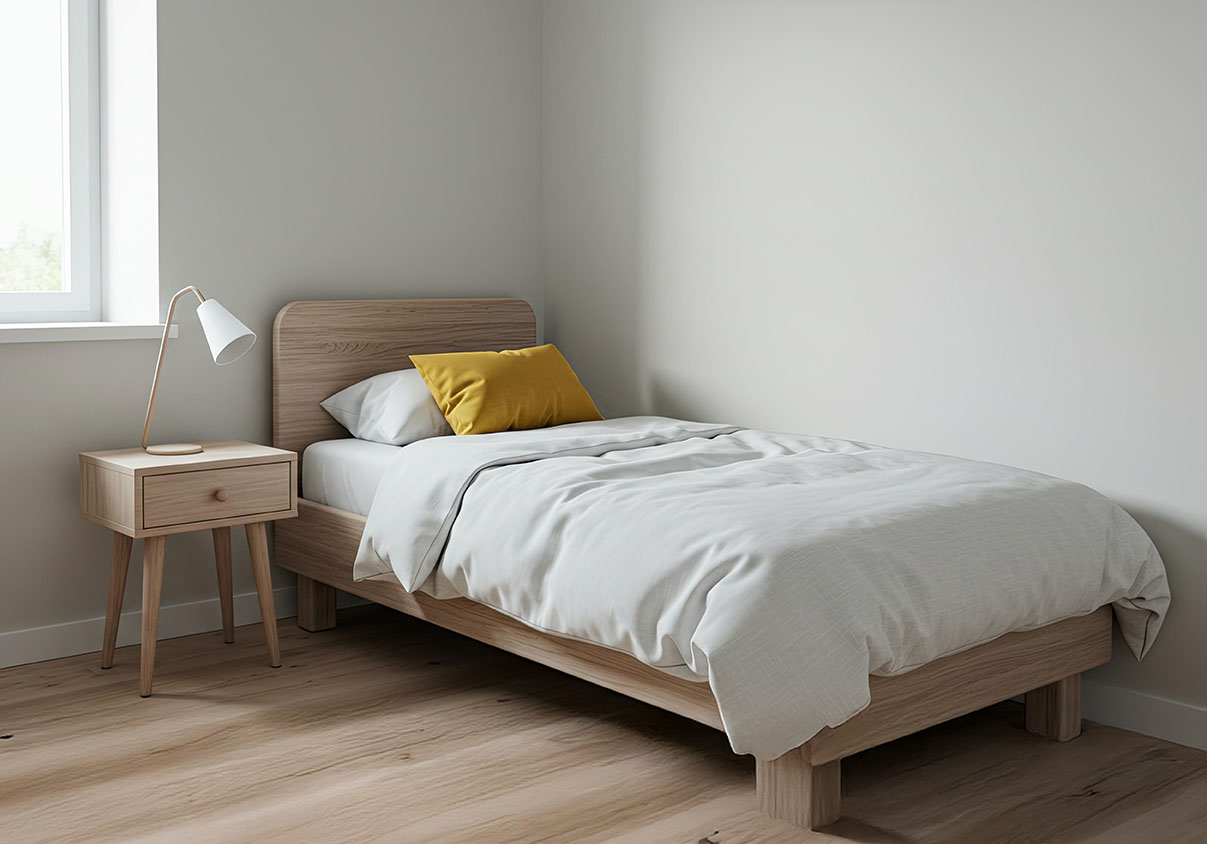 Neat single bedroom and side table, representing APAP's night shelter